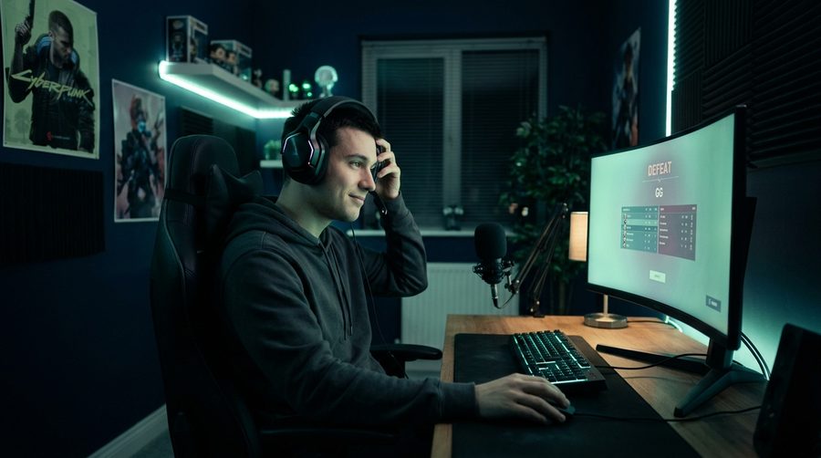 Pemain melepas headset dengan anggukan tenang dan senyum tipis di depan layar redup setelah kekalahan